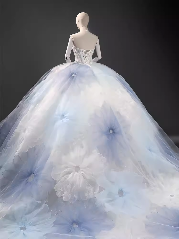 Robe de bal de conte de fées, décolleté sans bretelles, fleurs en Tulle, longues robes de mariée C197