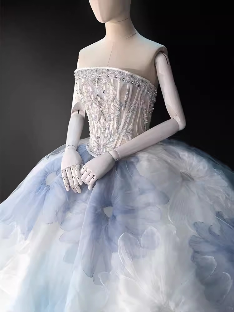 Robe de bal de conte de fées, décolleté sans bretelles, fleurs en Tulle, longues robes de mariée C197