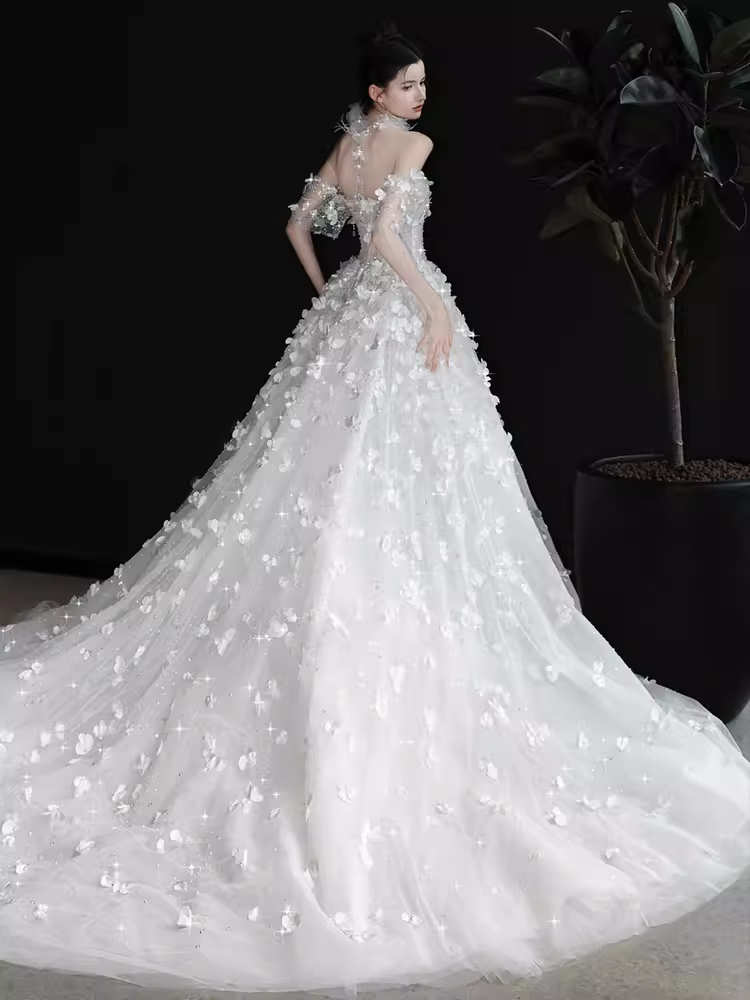 Robe de bal princesse hors de l'épaule Tulle fleurs longues robes de mariée C200