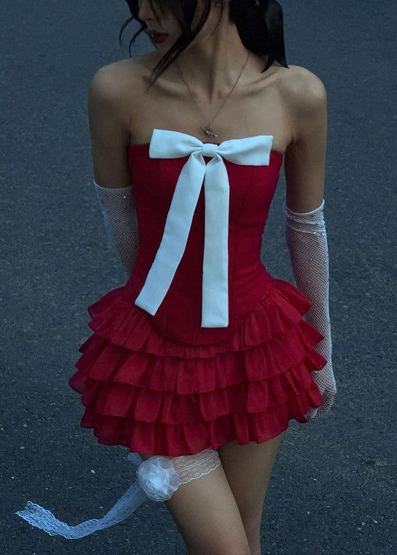 Robe fourreau mignonne à volants rouges sans bretelles pour fête d'anniversaire courte C2017