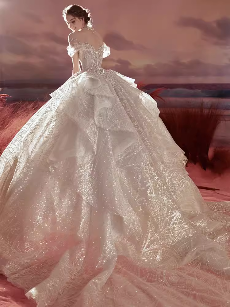 Robe de bal princesse à épaules dénudées et paillettes, robes de mariée longues C201