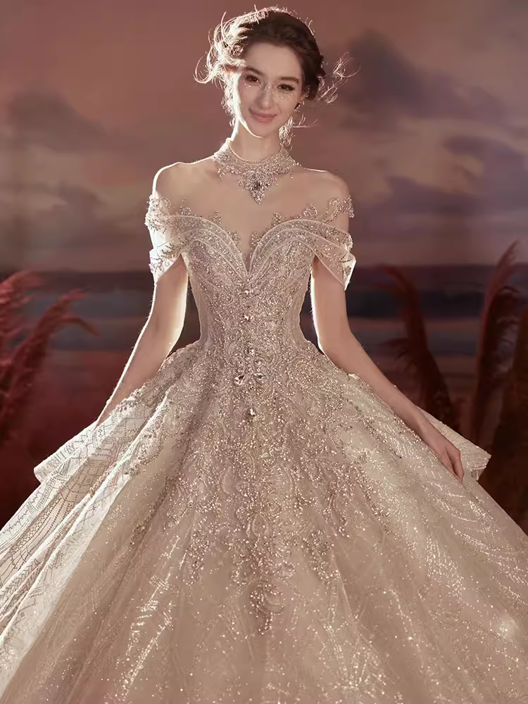 Robe de bal princesse à épaules dénudées et paillettes, robes de mariée longues C201