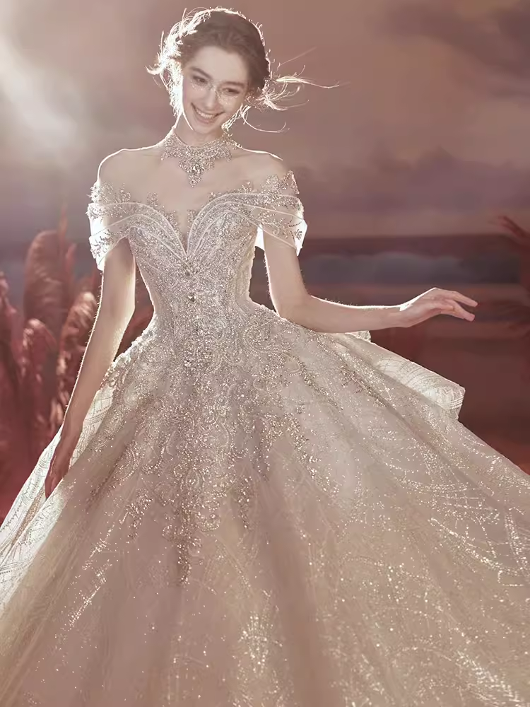 Robe de bal princesse à épaules dénudées et paillettes, robes de mariée longues C201