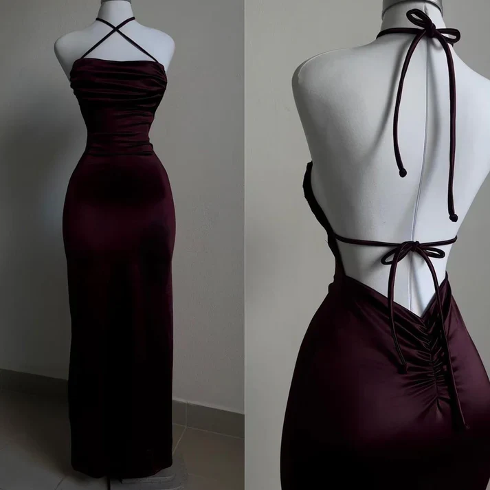 Sexy Sheath Halter Burgundy Slim Fit Long Prom Dress Evening Dresses C2094