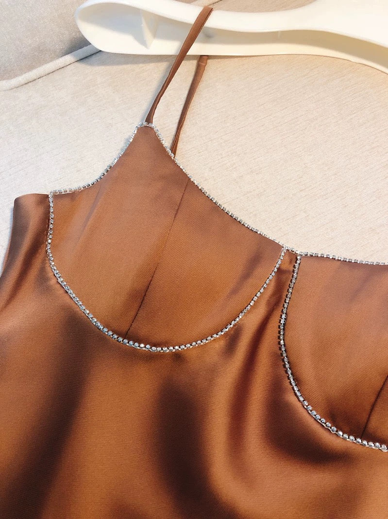Robe de soirée courte marron à bretelles simples en forme de A pour 18e anniversaire C2176