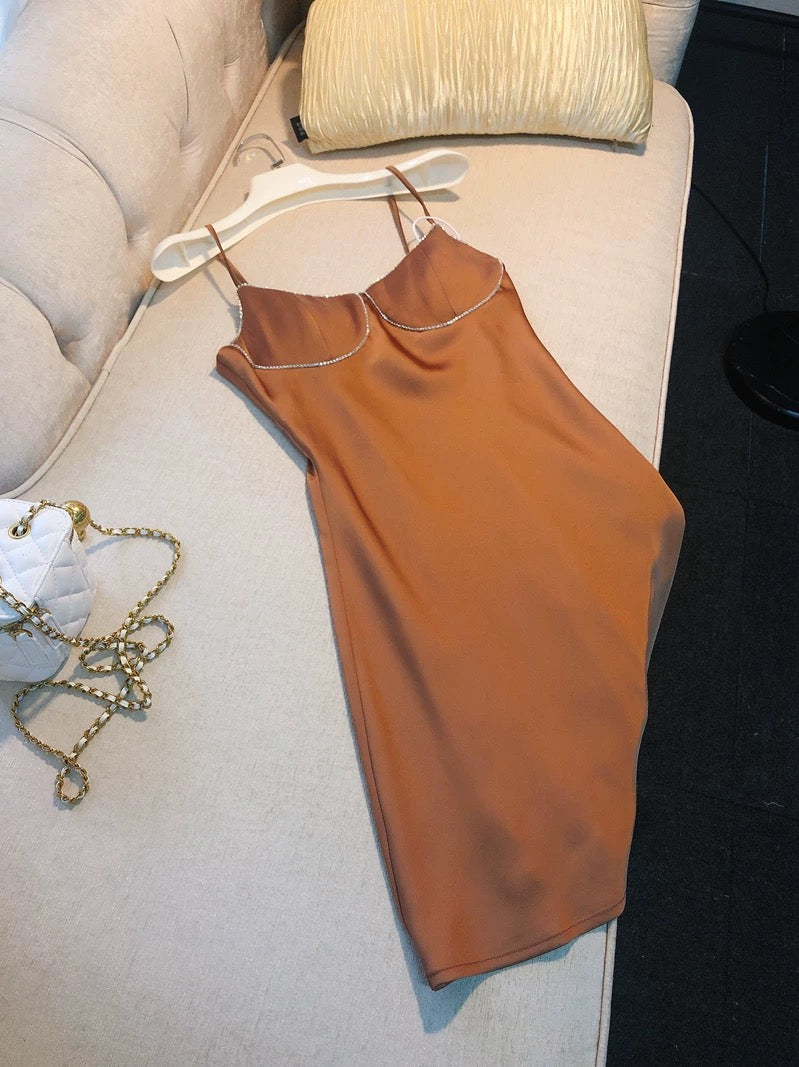 Robe de soirée courte marron à bretelles simples en forme de A pour 18e anniversaire C2176