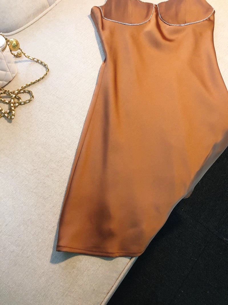 Robe de soirée courte marron à bretelles simples en forme de A pour 18e anniversaire C2176