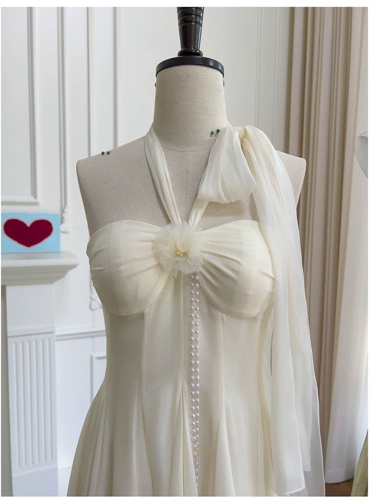 Robe de soirée courte en mousseline de soie ivoire modeste à col licou, tenue d'anniversaire C2208