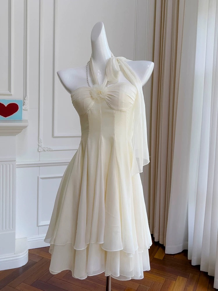 Robe de soirée courte en mousseline de soie ivoire modeste à col licou, tenue d'anniversaire C2208
