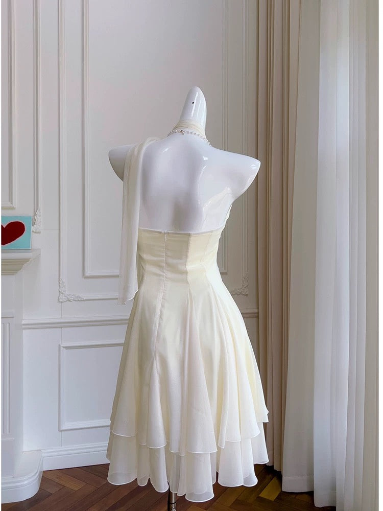 Robe de soirée courte en mousseline de soie ivoire modeste à col licou, tenue d'anniversaire C2208