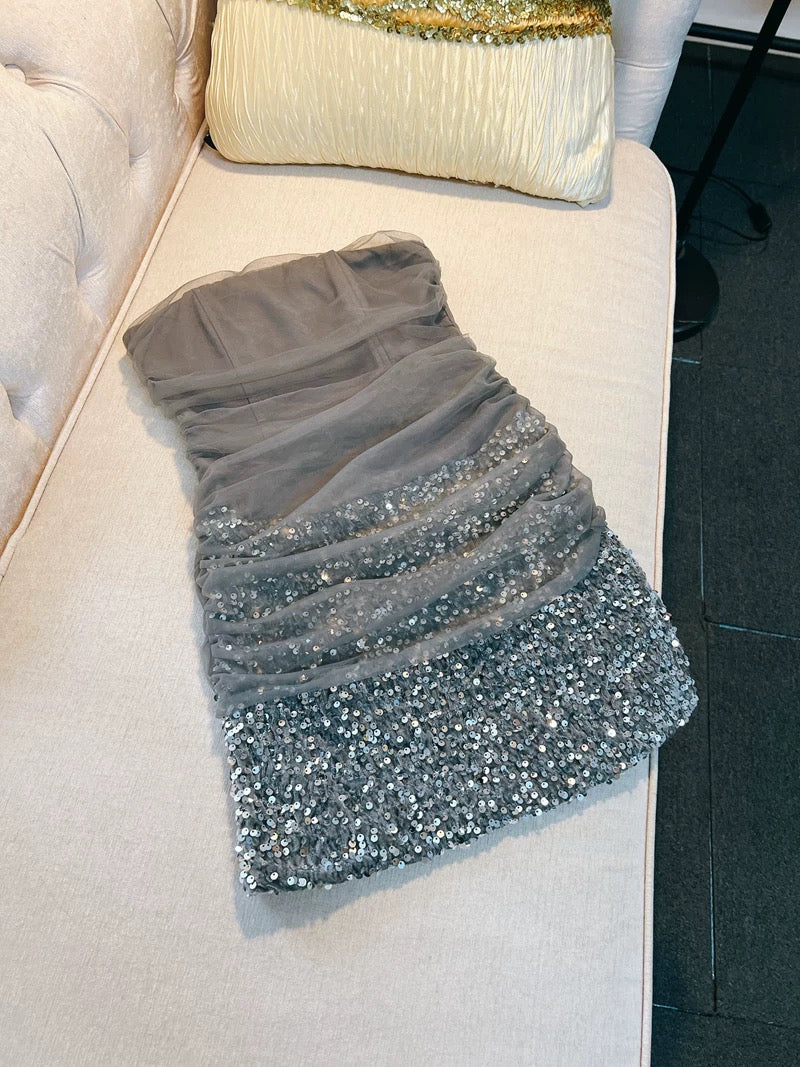 Modest Sheath Strapless Gray Sequin Short Homecoming Dresses Birthday Outfits C2215