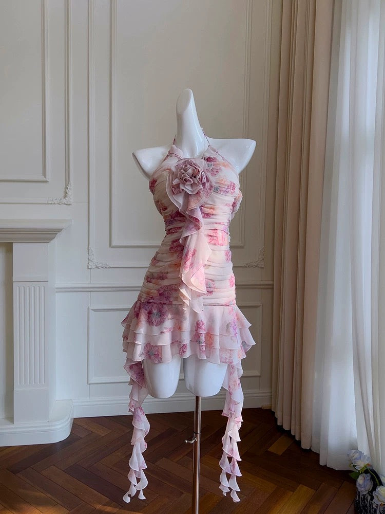 Robe fourreau modeste en mousseline de soie à fleurs, tenue de soirée courte, tenue d'anniversaire, C2218