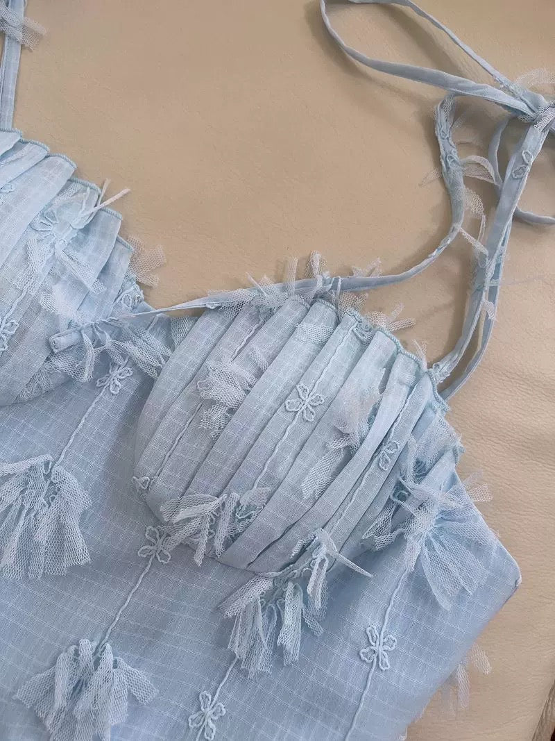 Robe de bal modeste à bretelles en dentelle à volants bleu ciel clair, robe de bal de longueur formelle CC2249