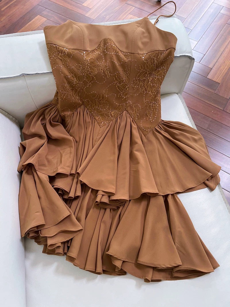 Robe de soirée courte en dentelle marron à bretelles spaghetti modestes, tenue d'anniversaire C2257