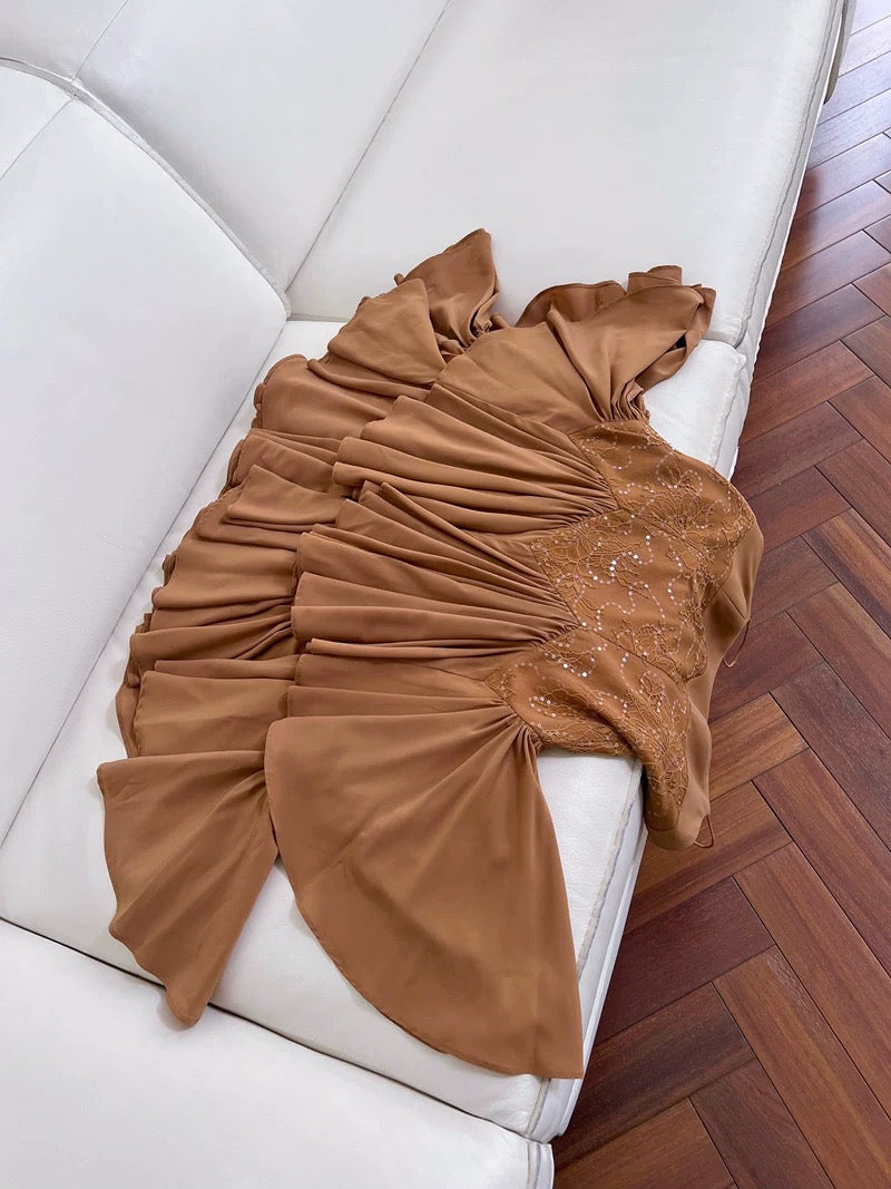 Robe de soirée courte en dentelle marron à bretelles spaghetti modestes, tenue d'anniversaire C2257