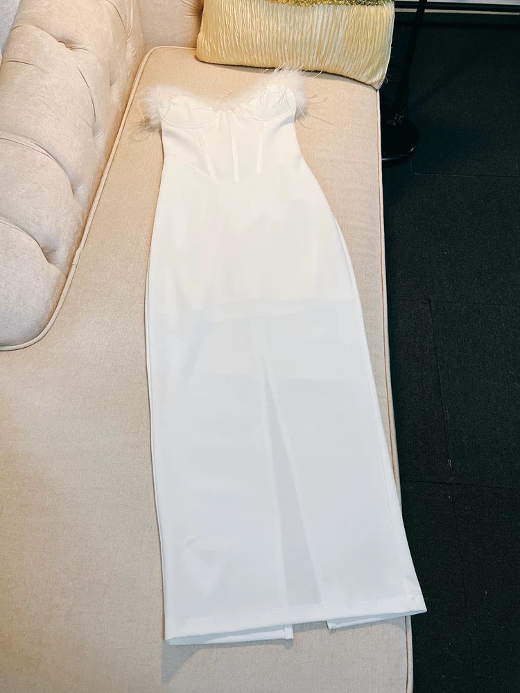 Robe de bal sexy fourreau chérie blanche longueur cheville robes formelles avec plumes C2285