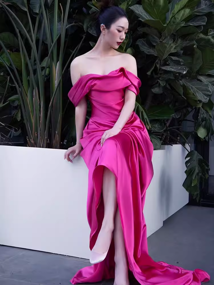 Sexy Mermaid Off The Shoulder Pink Long Prom Dresses Satin Birthday Outfits C230