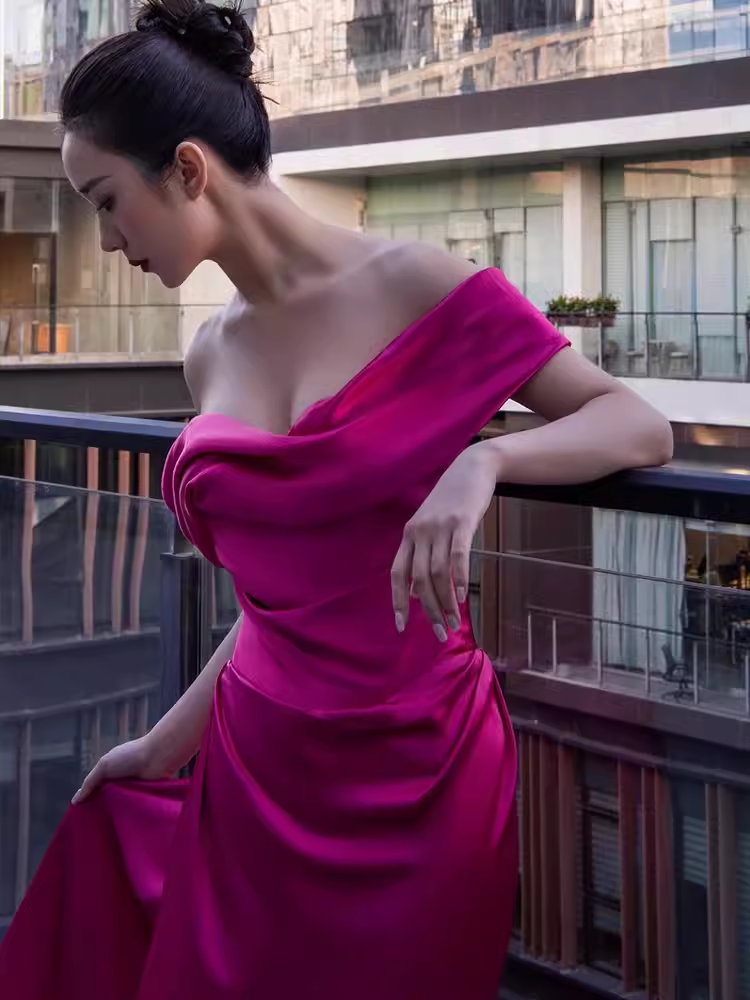 Robe de bal longue rose en Satin, Sexy, épaules dénudées, tenue d'anniversaire, C230
