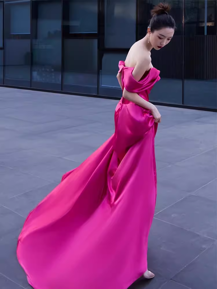 Robe de bal longue rose en Satin, Sexy, épaules dénudées, tenue d'anniversaire, C230