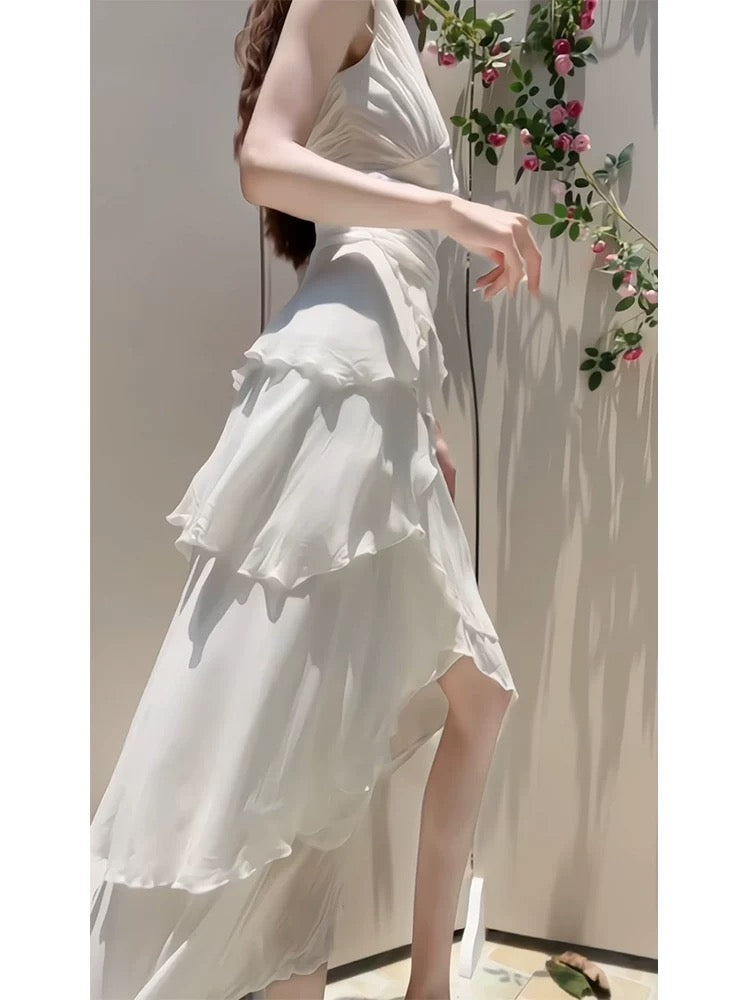 Robe de soirée modeste en mousseline de soie blanche à bretelles spaghetti hautes et basses C2311