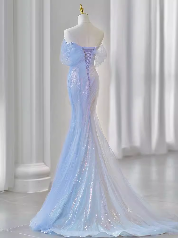 Sexy Mermaid Off The Shoulder Blue Long Prom Dresses Tulle Birthday Outfits C231
