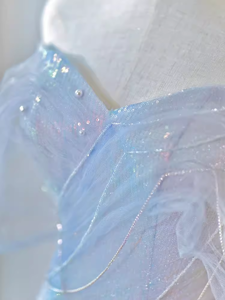 Sexy sirène hors de l'épaule bleu longues robes de bal Tulle tenues d'anniversaire C231