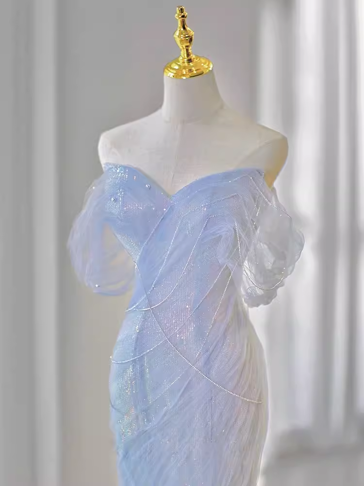 Sexy Mermaid Off The Shoulder Blue Long Prom Dresses Tulle Birthday Outfits C231
