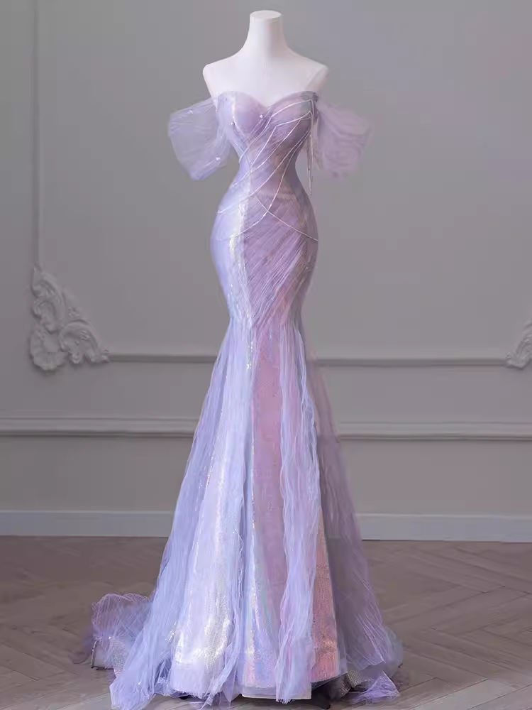 Sexy Mermaid Off The Shoulder Lilac Long Prom Dresses Tulle Birthday Outfits C232