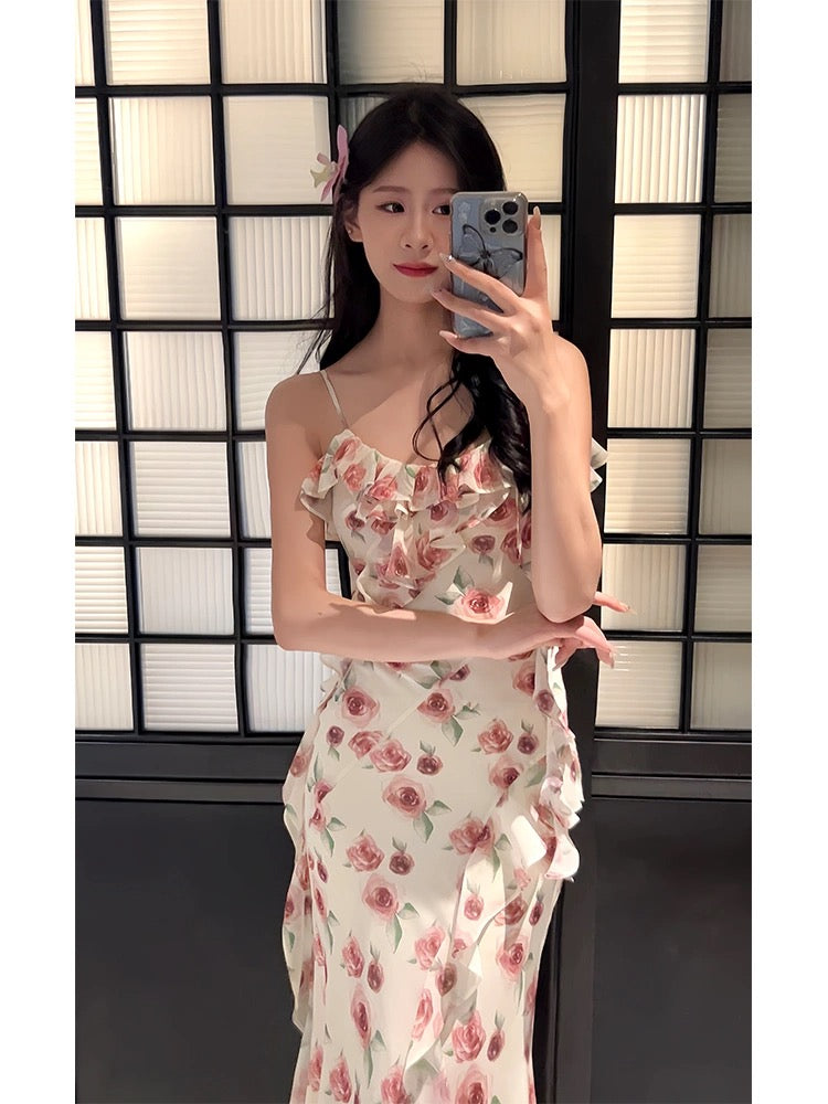 Robe de soirée modeste en mousseline de soie à bretelles spaghetti et à volants, rose, C2329