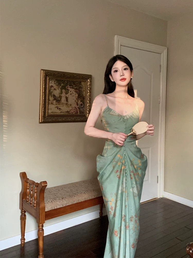 Robe de soirée longue à bretelles spaghetti et à fleurs vertes modestes C2337