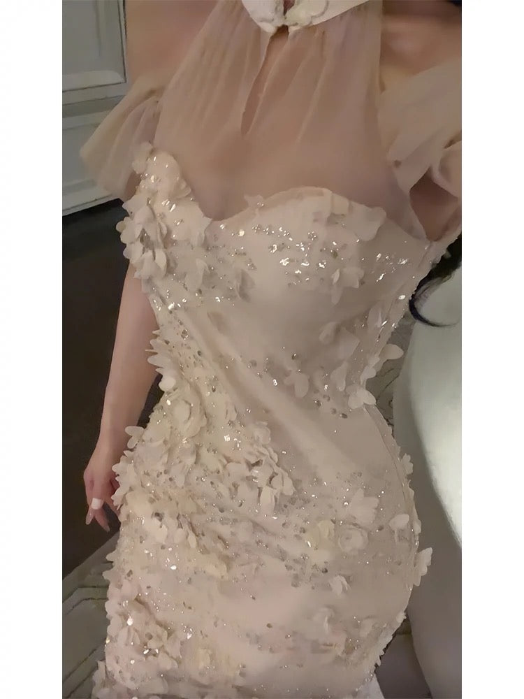 Robe de soirée sexy en tulle blanc à col haut et à fleurs, jolie sirène, C2342