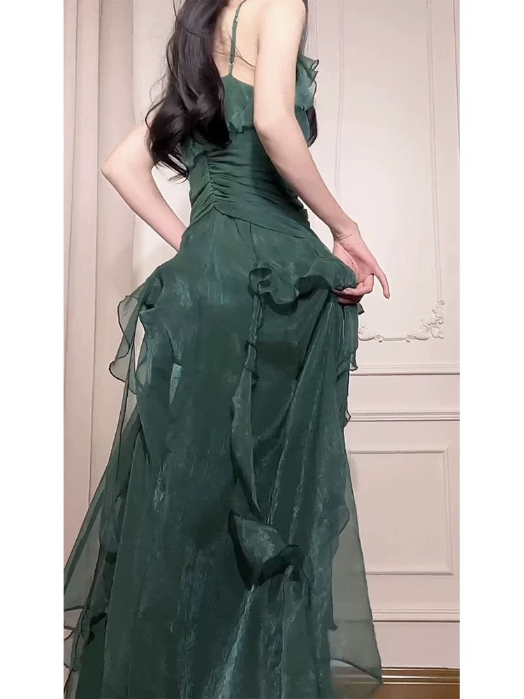 Robe de soirée sexy en mousseline de soie verte à bretelles spaghetti et ligne A C2344