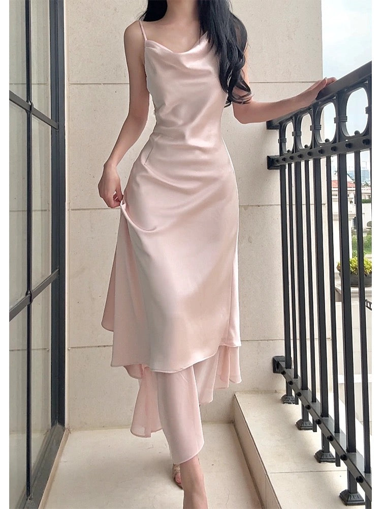 Robe de soirée sexy en satin de soie rose à bretelles spaghetti et ligne A C2345