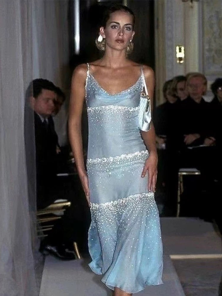 Robe de soirée sexy à bretelles fourreau et perles bleues CC2346