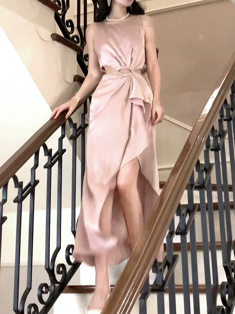 Robe de soirée sexy en satin de soie rose à décolleté plongeant et jolie robe de bal C2349