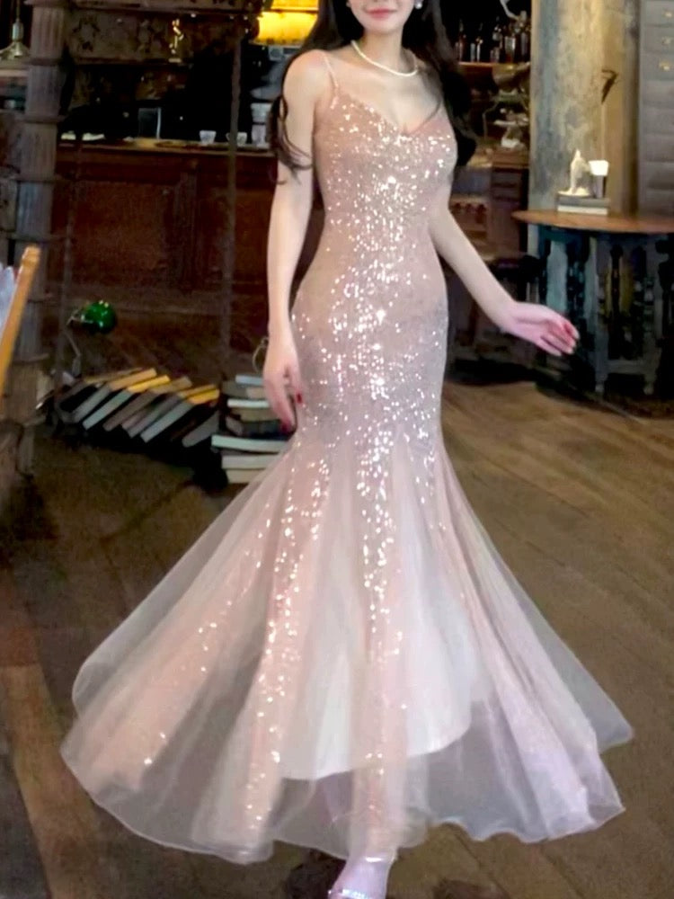Jolie robe de bal longue sirène à bretelles spaghetti et sequins C2365