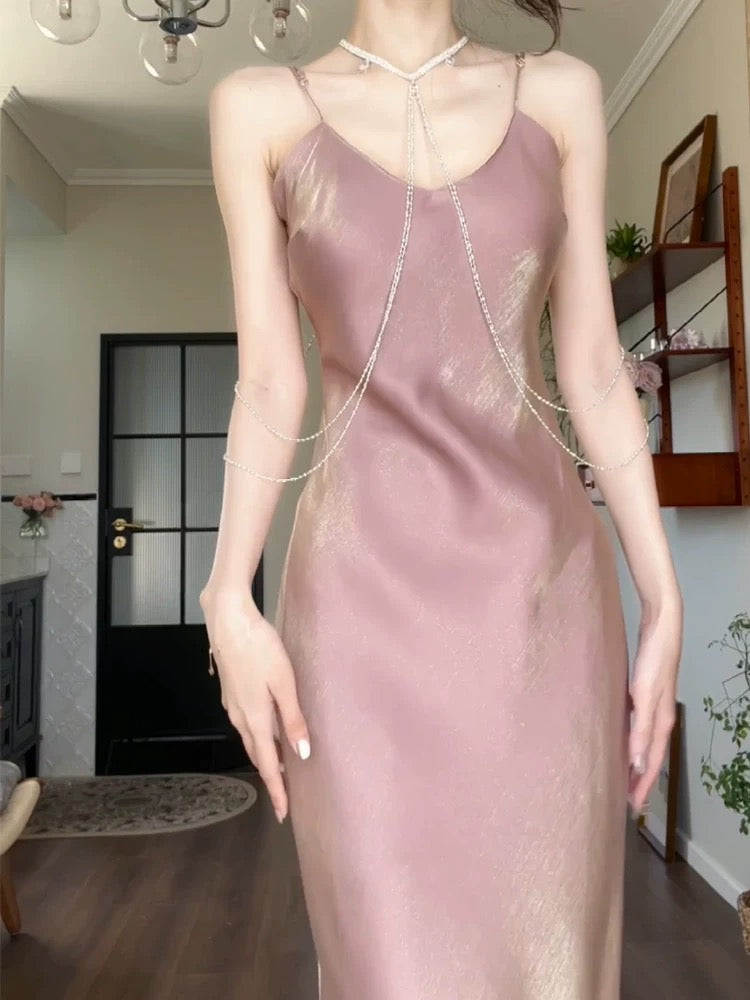 Jolie robe de bal longue rose à bretelles spaghetti C2369