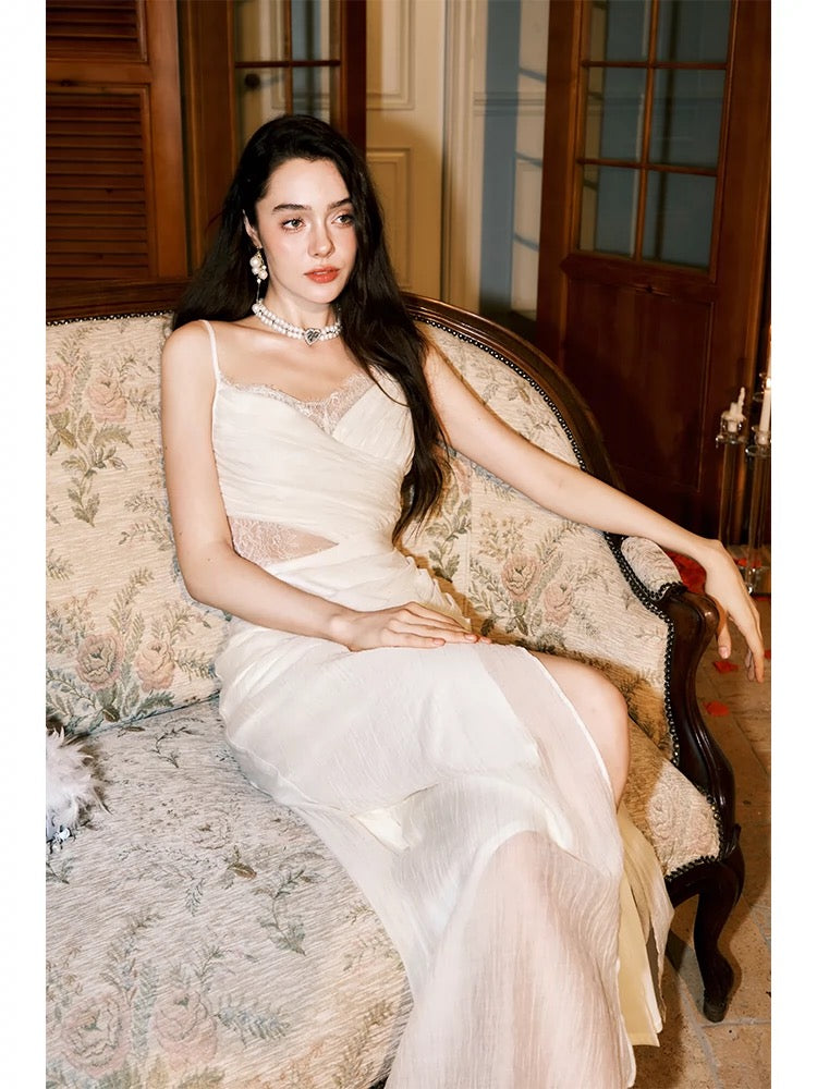 Jolie robe de bal sirène à bretelles spaghetti en dentelle ivoire fendue CC2372