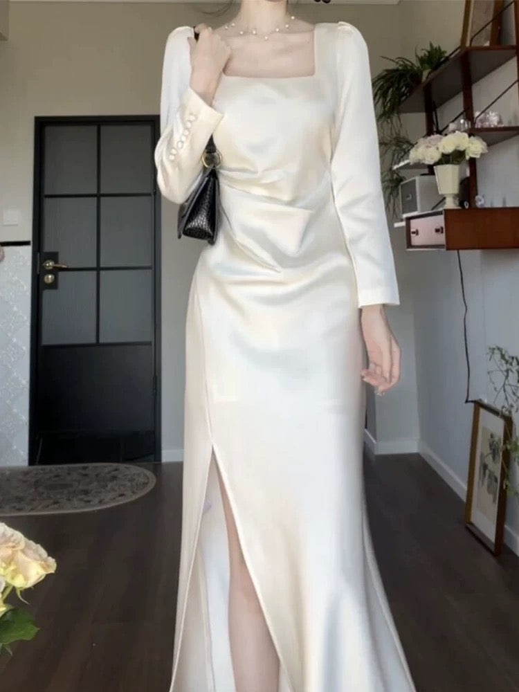 Jolie robe de bal fourreau à encolure carrée et manches longues fendues C2373