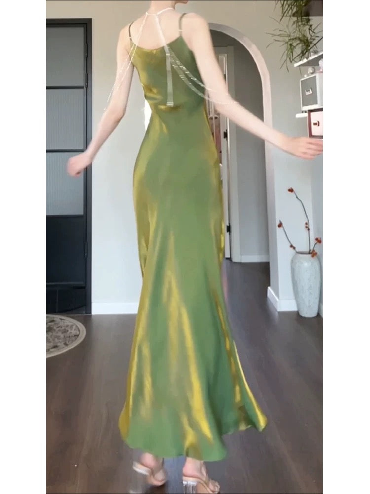 Jolie robe de bal longue verte à bretelles spaghetti C2375