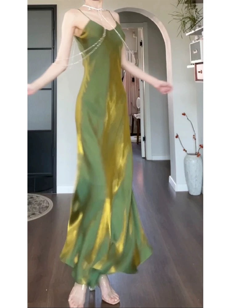 Jolie robe de bal longue verte à bretelles spaghetti C2375