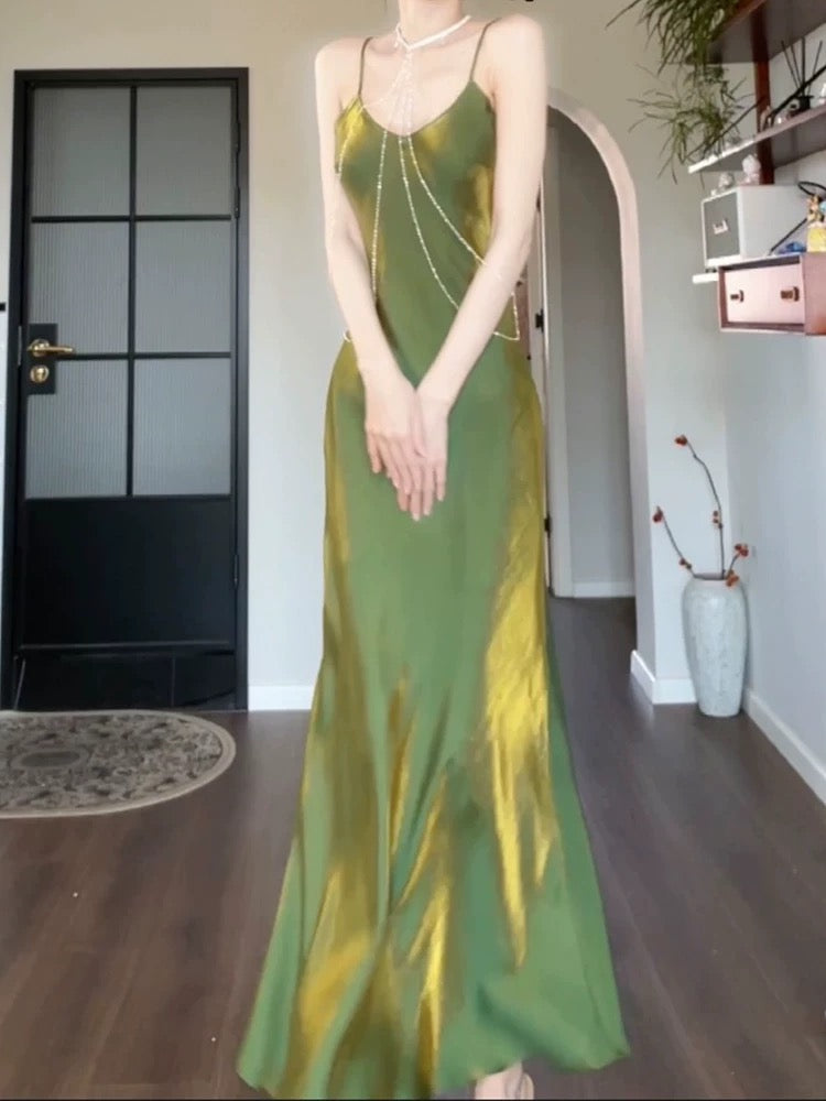 Jolie robe de bal longue verte à bretelles spaghetti C2375