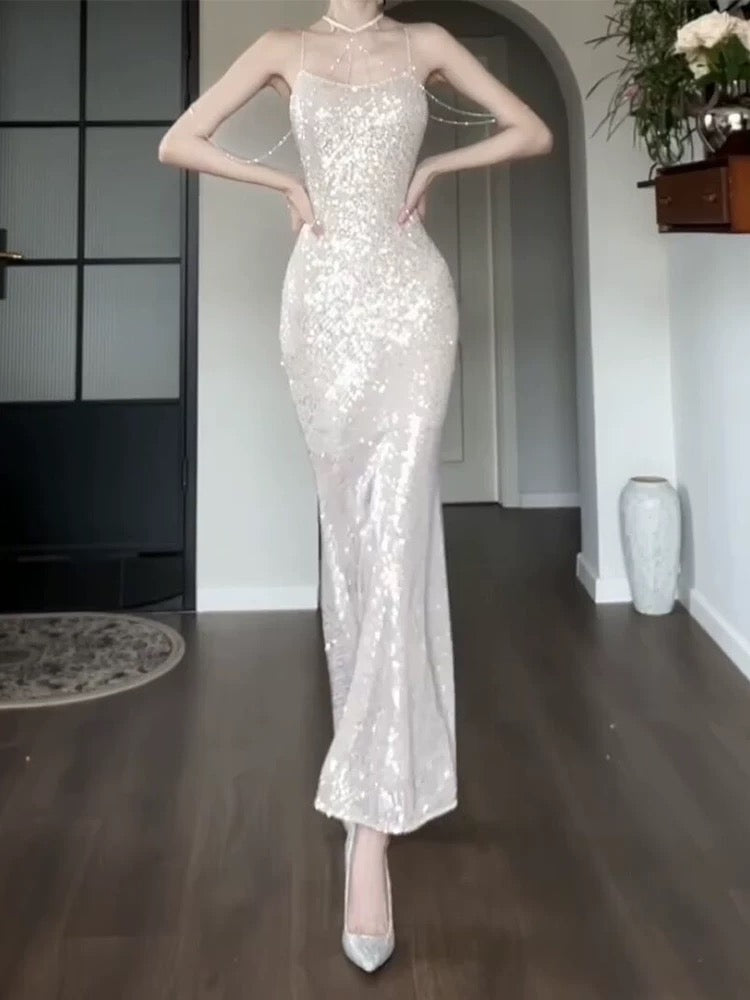 Robe de soirée sexy à bretelles spaghetti sans manches et paillettes C2389