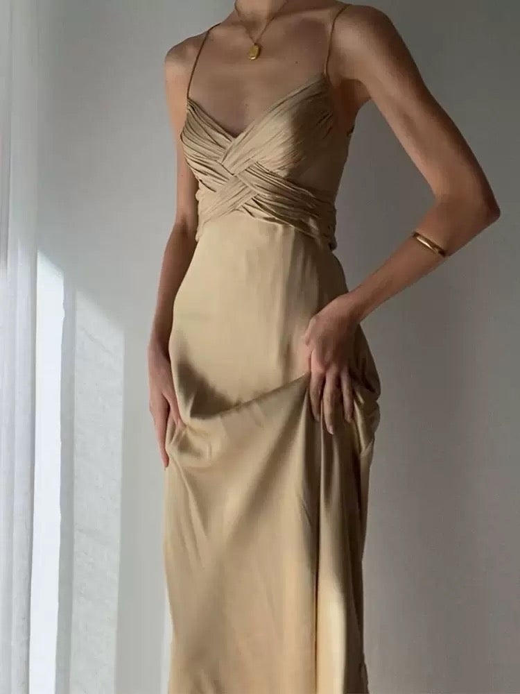 Pretty Mermaid Spaghetti Straps Champagne Long Prom Dresses Sexy Evening Dress C2394