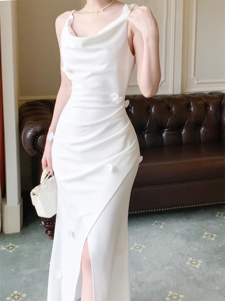 Pretty Mermaid Straps White Slit Long Prom Dresses Evening Dress C2395