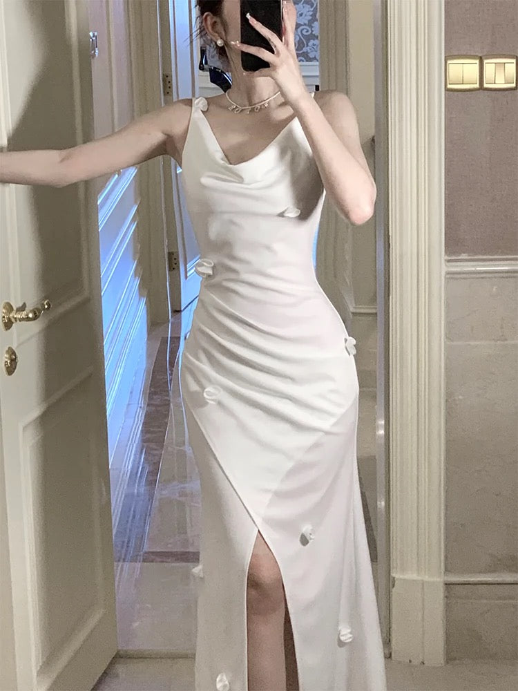 Pretty Mermaid Straps White Slit Long Prom Dresses Evening Dress C2395