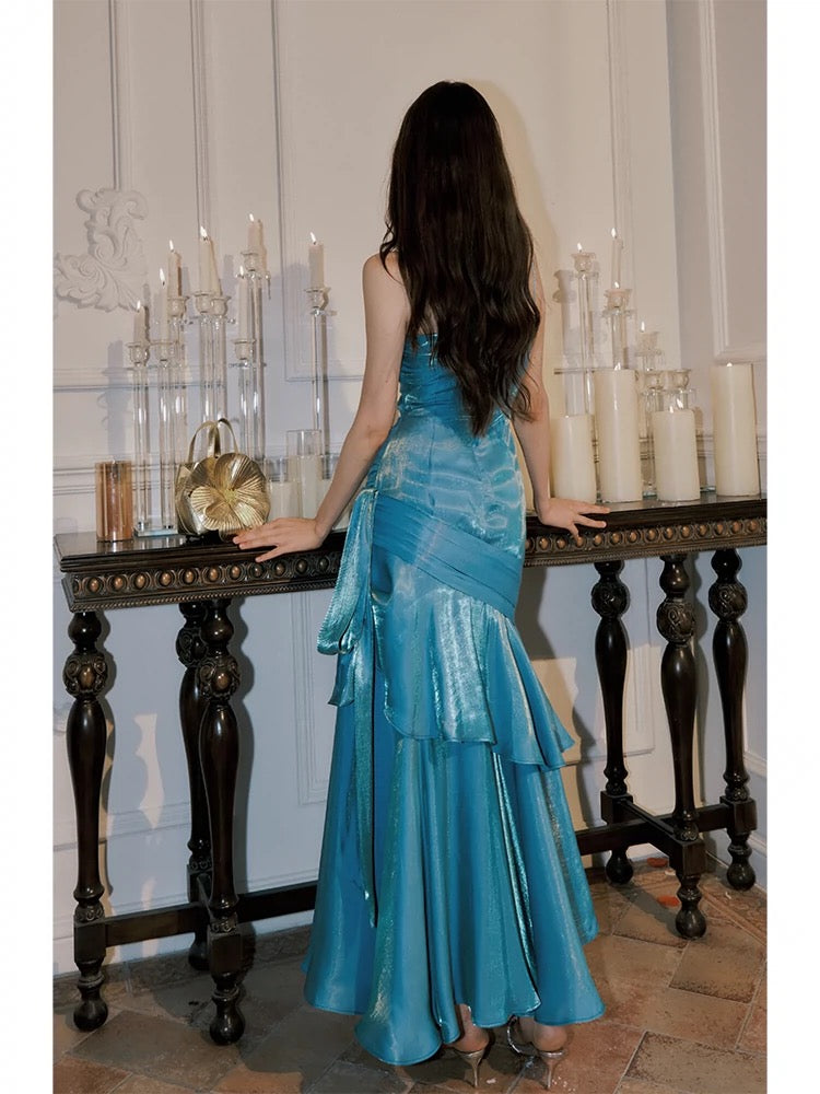 Vintage Mermaid Spaghetti Straps Sleeveless Blue Long Prom Dresses Evening Dress C2398