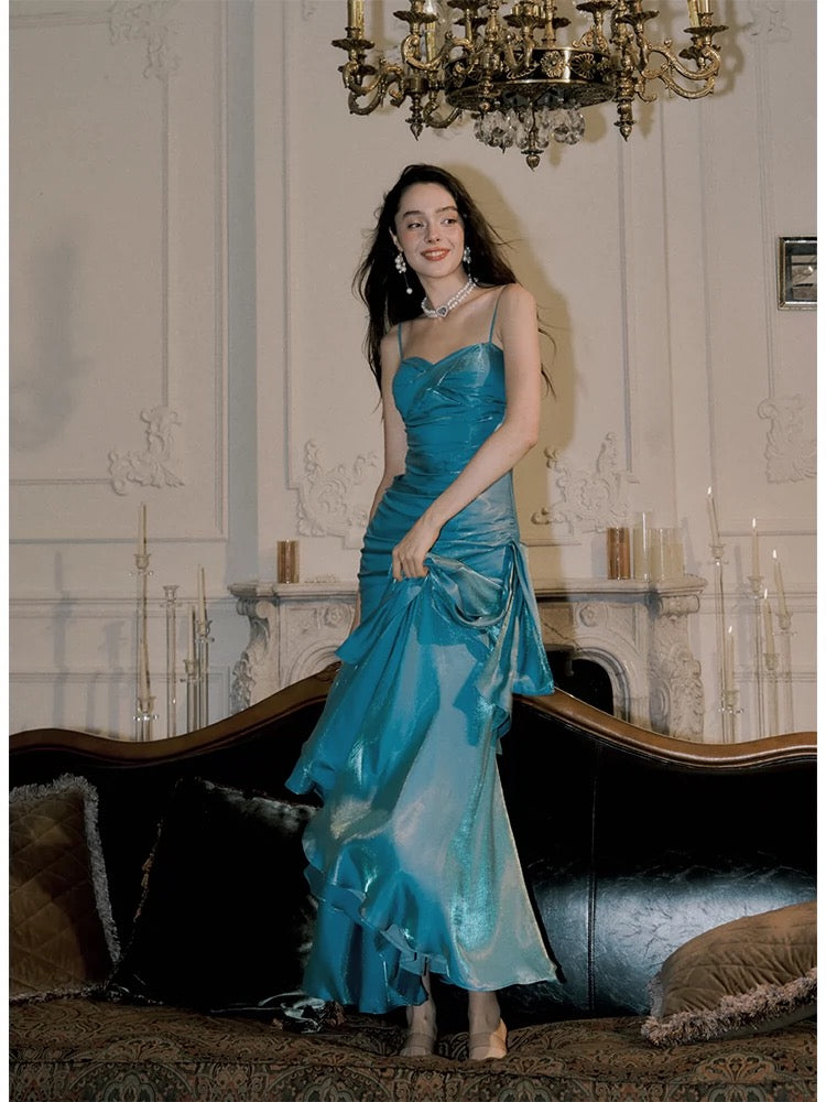 Vintage Mermaid Spaghetti Straps Sleeveless Blue Long Prom Dresses Evening Dress C2398