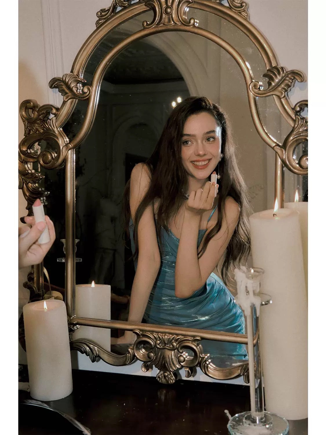 Vintage Mermaid Spaghetti Straps Sleeveless Blue Long Prom Dresses Evening Dress C2398