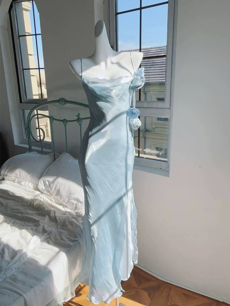 Pretty Mermaid Spaghetti Straps Light Sky Blue Long Prom Dresses Evening Dress C2399